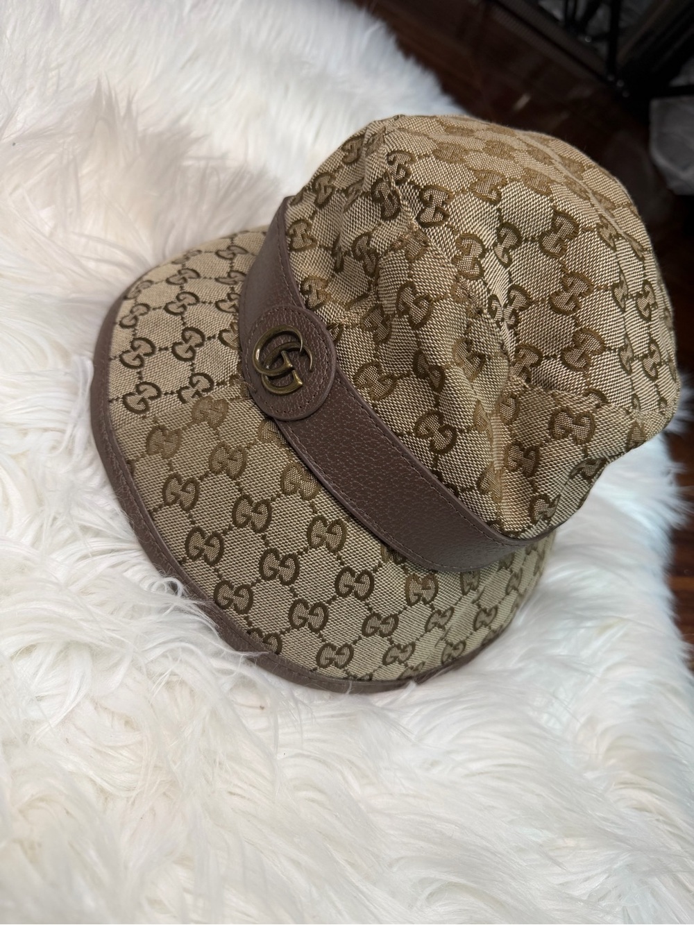 Gucci Tan/Brown GG Monogram Leather-Trim Cap